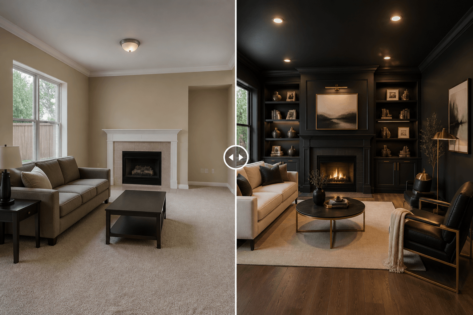 Before and after living room transformation by Black Hat Construction